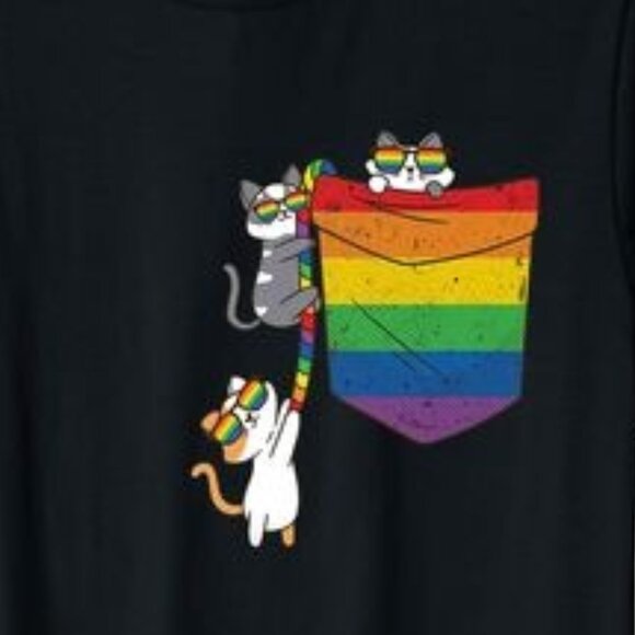 Funny Pocket cute cat LGBT Animal Rainbow Flag Gay Pride T-Shirt - Picture 3 of 3